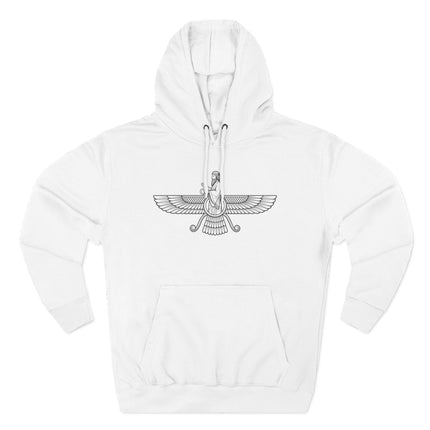 Faravahar Zoroastrian symbol graphic on a white unisex pullover hoodie.
