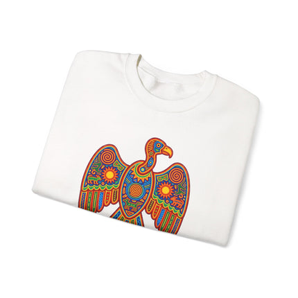 Vulture folk art print on a colorful Mexican indigenous style sweatshirt pullover.
