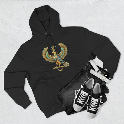 Golden Shahbaz falcon design on a black pullover hoodie, symbolizing Persian mythology.