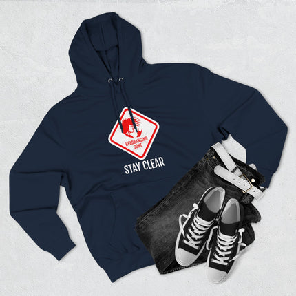 Dark blue graphic hoodie featuring a "Headbanging Zone Stay Clear" rock music warning sign.