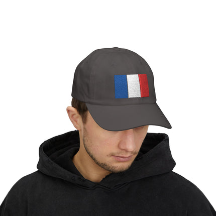 French tricolor flag embroidered on a black baseball cap.