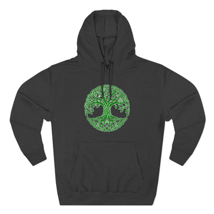 Green Celtic Tree of Life knotwork design on a black hoodie. Irish knotwork art.