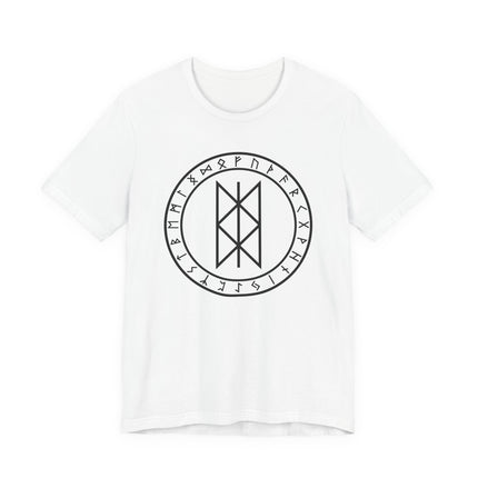 Viking rune circle t-shirt graphic featuring the Web of Wyrd and Norse mythology symbols.