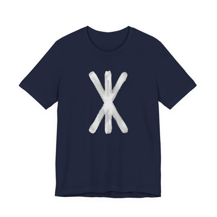 Brushstroke Strength Rune symbol on a navy blue Viking t-shirt.