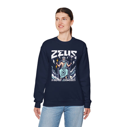 Zeus, King of the Gods, graphic featuring Greek mythology and powerful lightning bolts.