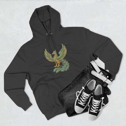 Gold and teal Homa Bird graphic on a black hoodie, symbolizing Persian mythology and ancient Iranian culture.