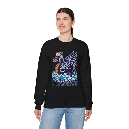 Tiamat winged sea dragon graphic on black sweatshirt, representing Mesopotamian mythology art.