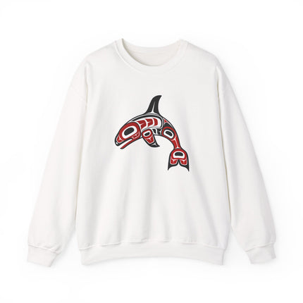 Indigenous formline art orca whale graphic on a Pacific Northwest pullover sweatshirt.