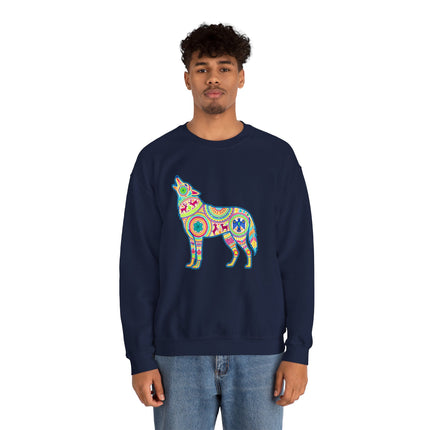 Colorful Huichol art wolf graphic on a navy blue pullover sweatshirt.