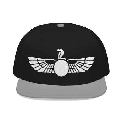 Black snapback hat featuring the white Egyptian Uraeus winged cobra symbol.