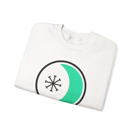 Wicca pagan sweatshirt featuring a seax blade, crescent moon, and spiritual Wheel of the Year symbol.