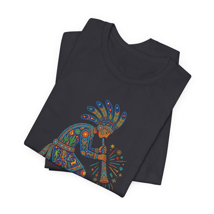 Vibrant Kokopelli flute player graphic tee featuring colorful Native American folk art and tribal design.