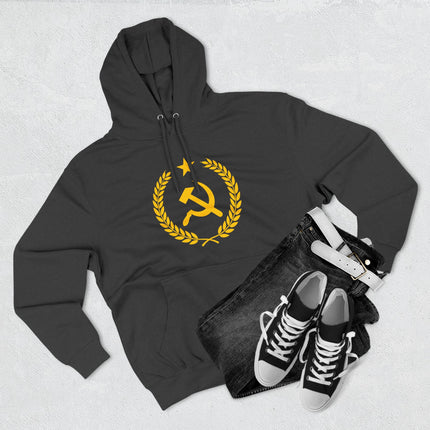 Gold hammer and sickle laurel wreath graphic on a black socialist pullover hoodie.