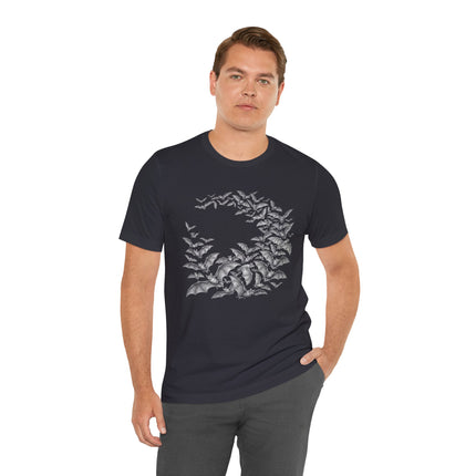 Gothic bat swarm graphic tee featuring flying bats in a detailed, circular nocturnal design.