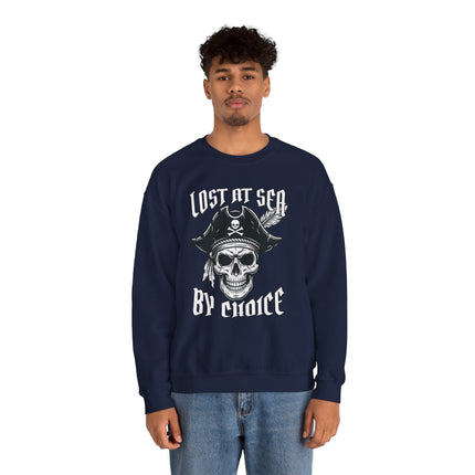 Lost at Sea By Choice pirate skull graphic sweatshirt. Nautical pullover featuring a skull design.