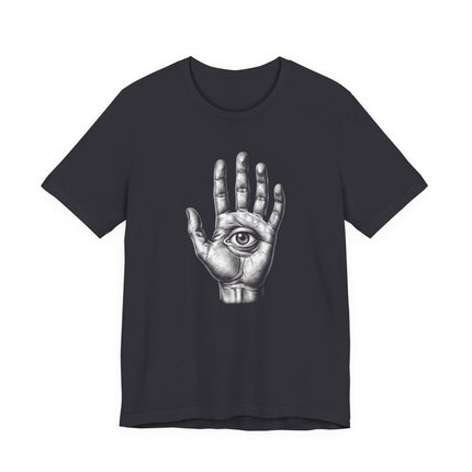 Eye in Hand Hamsa symbol graphic tee. Mystic protection symbol design on a black t-shirt.