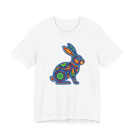 Vibrant Mexican folk art rabbit graphic featuring Huichol style patterns on a white tee.