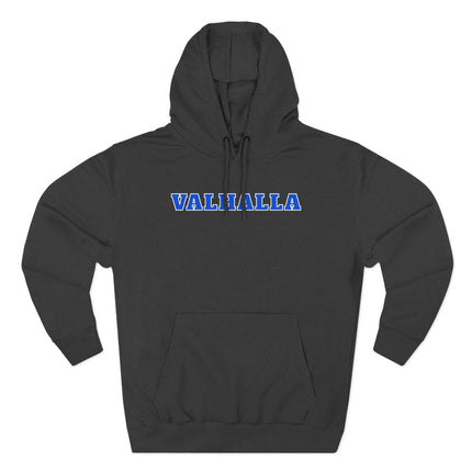 Black Valhalla Norse hoodie with bold blue text graphic print.