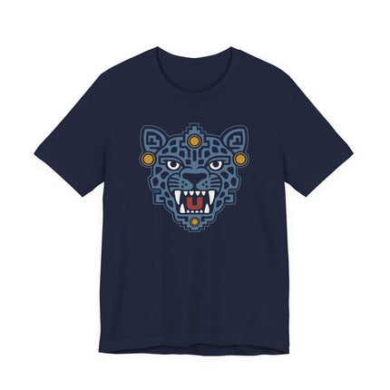 Aztec Jaguar Mask T-Shirt | Teal Feline Face and Gold Details Tee