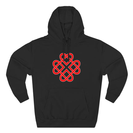 Red Celtic knot design on a black pullover hoodie.