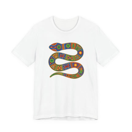 Indigenous Huichol serpent art graphic tee shirt with vibrant tribal print.
