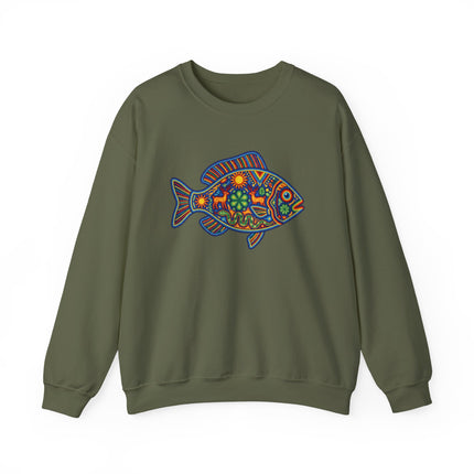 Colorful Mexican folk art fish graphic on a green sweatshirt, featuring Huichol style design.