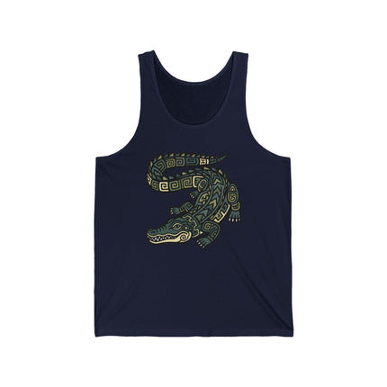 Mayan tribal alligator art tank top with geometric crocodile design.