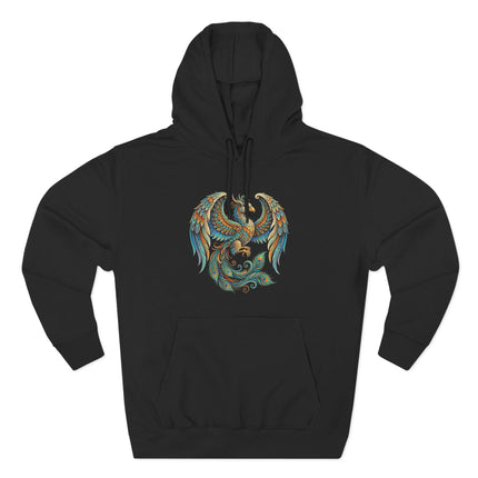 Phoenix mythology Homa Bird graphic on black streetwear hoodie.
