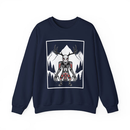 Wendigo antler skull cryptid graphic sweatshirt featuring mountains and forest scenery.