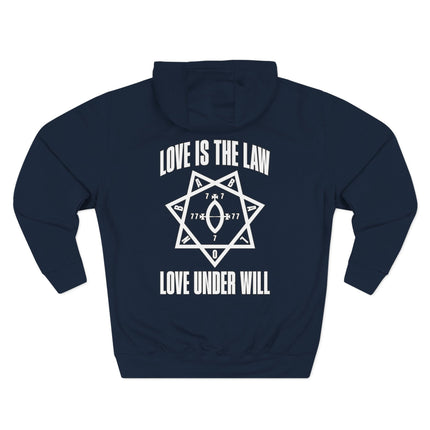 Thelema Love Is The Law hoodie featuring a heptagram occult symbol.