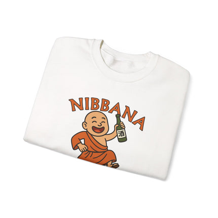 Funny Buddhist monk graphic on a pullover sweatshirt drinking beverage.