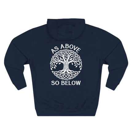 Celtic Tree of Life knot design with "As Above So Below" text on a dark hoodie.
