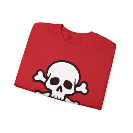 Red sweatshirt featuring a stylized skull and crossbones graphic.