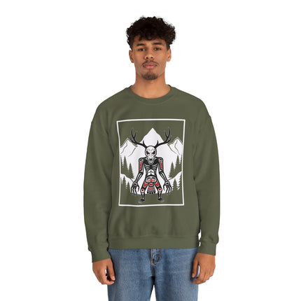 Wendigo antler skull graphic set in a mountain forest scene on a green pullover sweatshirt.