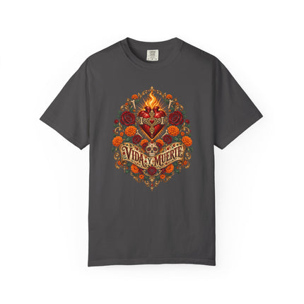 Vida y Muerte T-Shirt | Flaming Heart, Skull and Floral Artwork