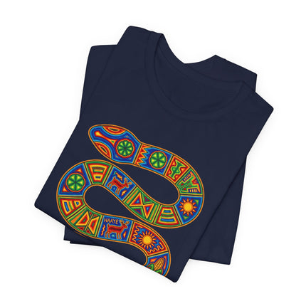 Huichol snake art graphic tee featuring vibrant indigenous tribal serpent pattern.