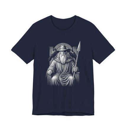 Odin, the Norse Allfather, graphic design featuring ravens and a spear in black and white.