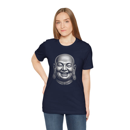 Laughing Buddha head graphic on a navy blue unisex t-shirt. Zen style for good fortune.