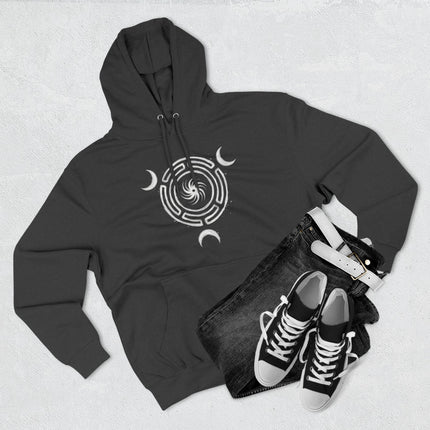 Triple moon and Hekate's Wheel symbol on a black goddess hoodie.