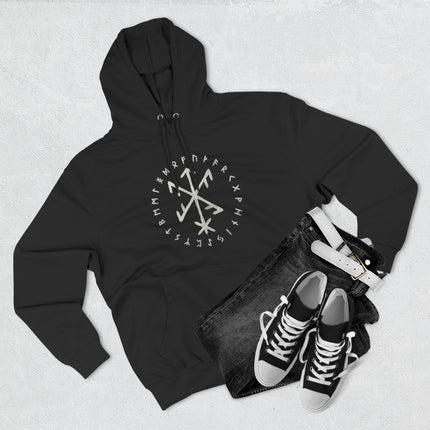 Black hoodie featuring the Success Rune and surrounding Elder Futhark Norse symbols.
