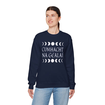 Cumhacht Na Gealaí moon phase graphic sweatshirt in navy blue. Irish spiritual gifts celestial design.