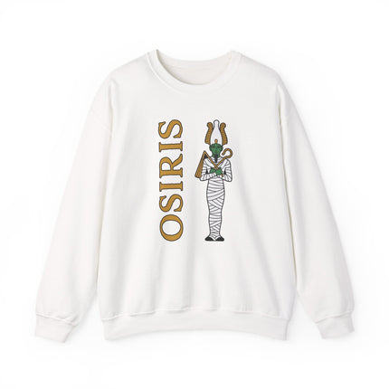 Osiris Egyptian god mummy graphic on a unisex pullover sweatshirt featuring ancient mythology art.