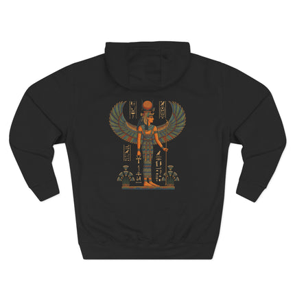 Egyptian goddess Isis illustration featuring ancient mythology art on black hoodie.