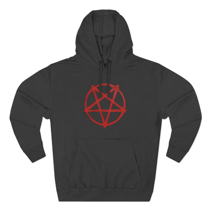 Red inverted pentagram occult symbol on a black pullover hoodie.