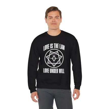 Thelema Love Is The Law sweatshirt featuring the occult hexagram symbol and Love Under Will text.