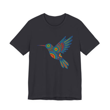 Vibrant Huichol hummingbird graphic tee featuring colorful Mexican folk art style.