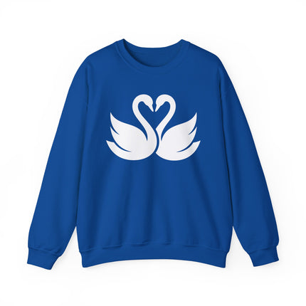 Swans forming a heart graphic on a blue romantic love birds sweatshirt.