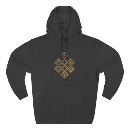 Black hoodie featuring the Endless Knot Buddhist symbol. Intricate gold geometric design.