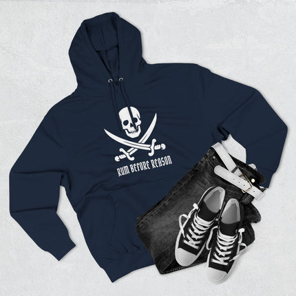 Rum Before Reason pirate skull and crossed swords graphic hoodie design.