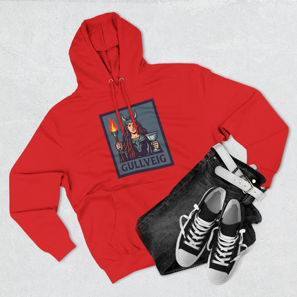 Norse Goddess Gullveig graphic on red hoodie, featuring a torch and chalice.